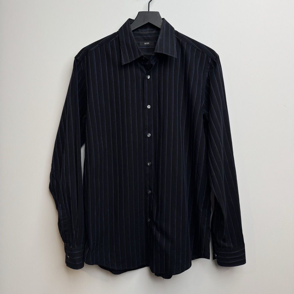Boss Hugo Boss Dress Shirt Sz 41 - 16 Black Blue Striped Casual Button Down Mens